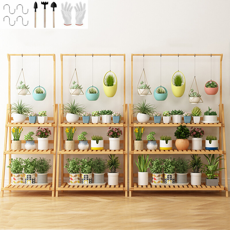 3 Tier Foldable Bamboo Ladder Plant Stand Flower Storage Shelving Hanging Rack gallery