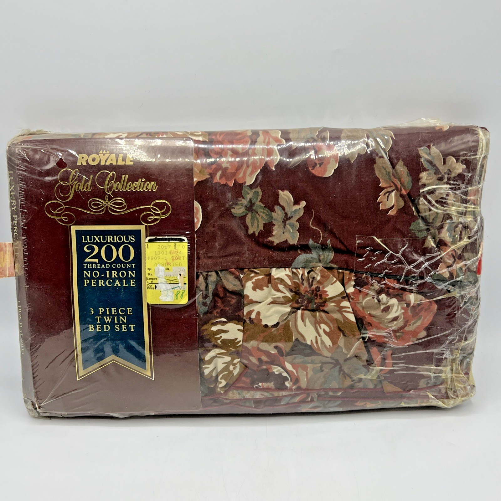 Royale Gold Collection Twin Sheet Set Pillowcase Wine Floral Ruffle gallery