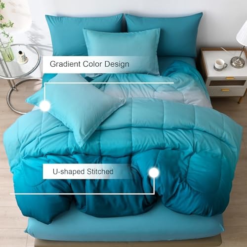 7 Pieces Teal Comforter Set Lightweight Gradient Teal Green King Light Teal gallery