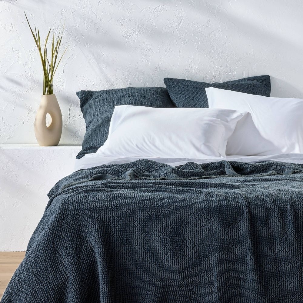 Full/Queen Textured Waffle Coverlet Dark Mineral Blue - Casaluna gallery