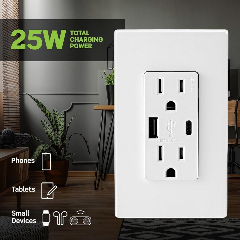 Type A & Type-C USB In-Wall Charger with 15A Tamper-Resistant Outlet, USB Cha... gallery