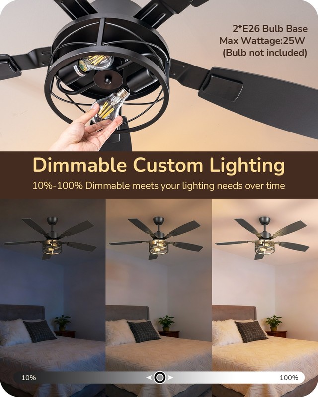 52" Rustic Caged Fandelier Dimmable LED Fan Remote Reversible DC Motor Timer gallery