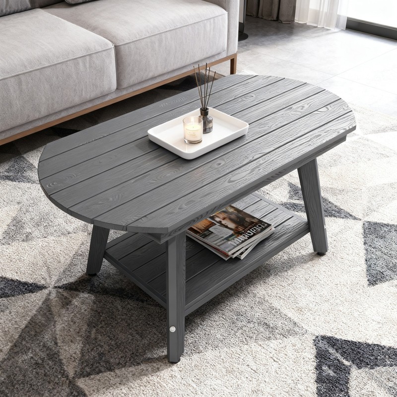 HIPS Coffee Table 2-Tier Oval Coffee Table with Storage Shelf Farmhouse ，Gray gallery