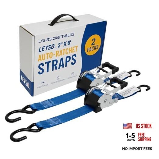 2 Inch x 6 Ft Retractable Ratchet Straps, Auto 2 Inch x 6 Ft (2 Pack) Blue gallery