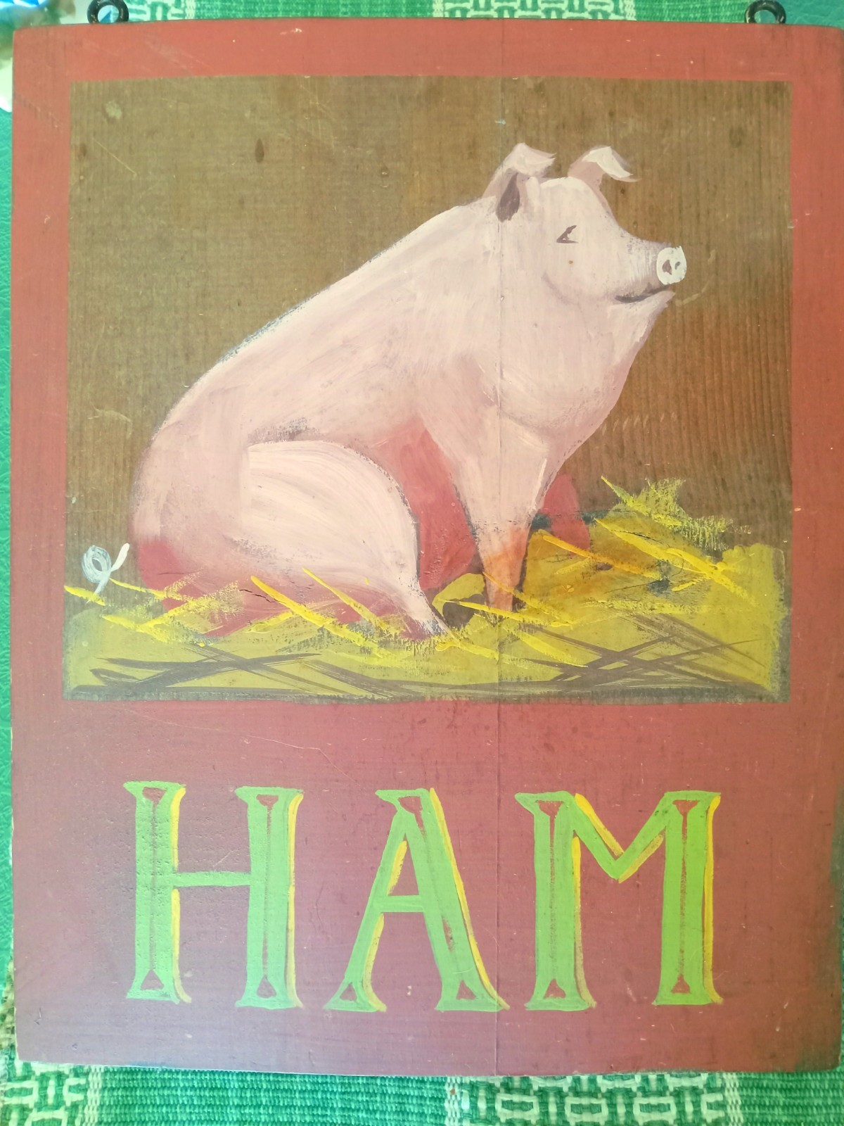 Vintage Country Chic Pig "Ham" Handpainted Wooden Sign Painting 14x11 Inches gallery