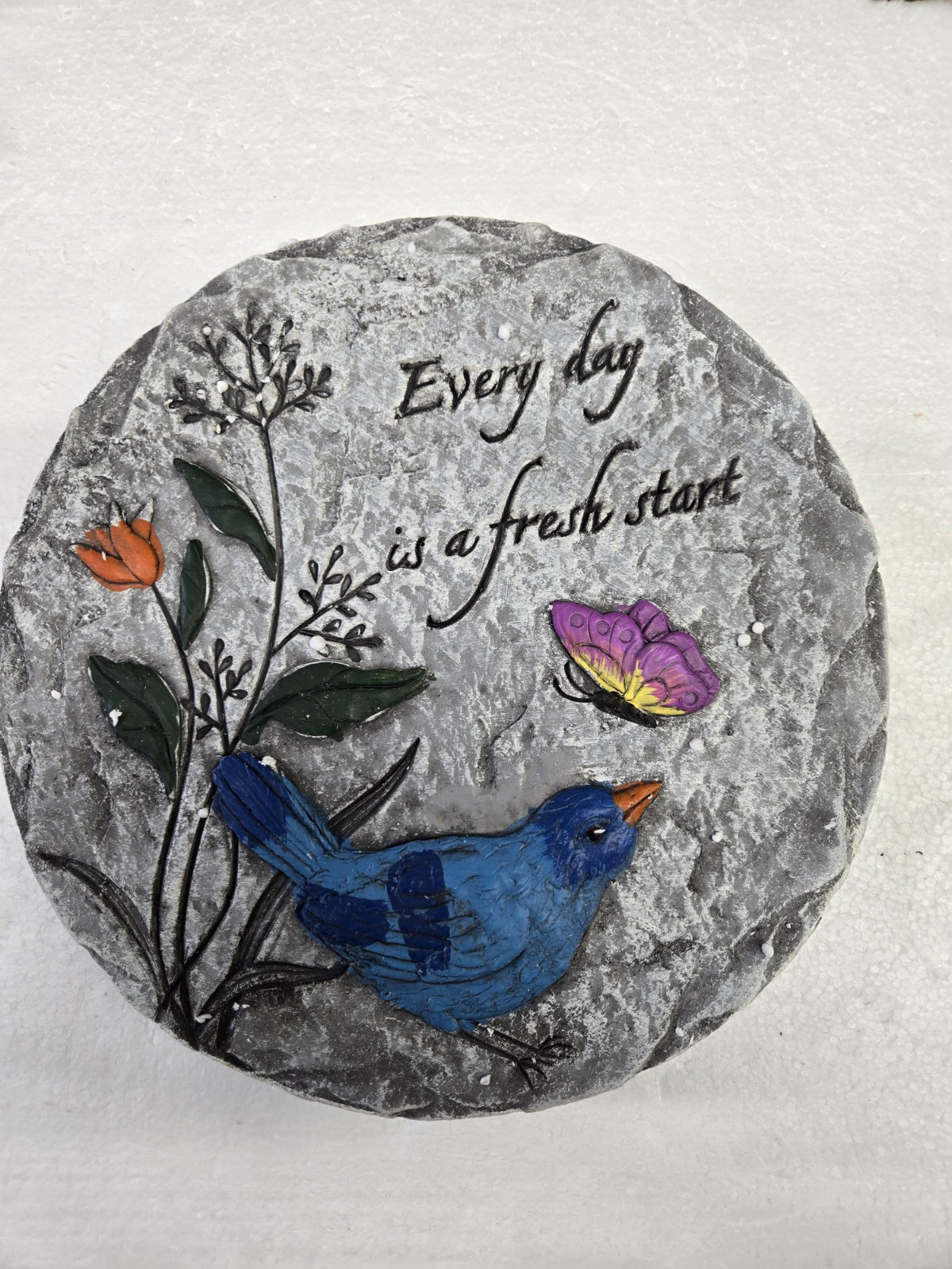 EVERY DAY IS A FRESH START Stepping Stone Colorful Flowers and Blue Bird 10"dia gallery
