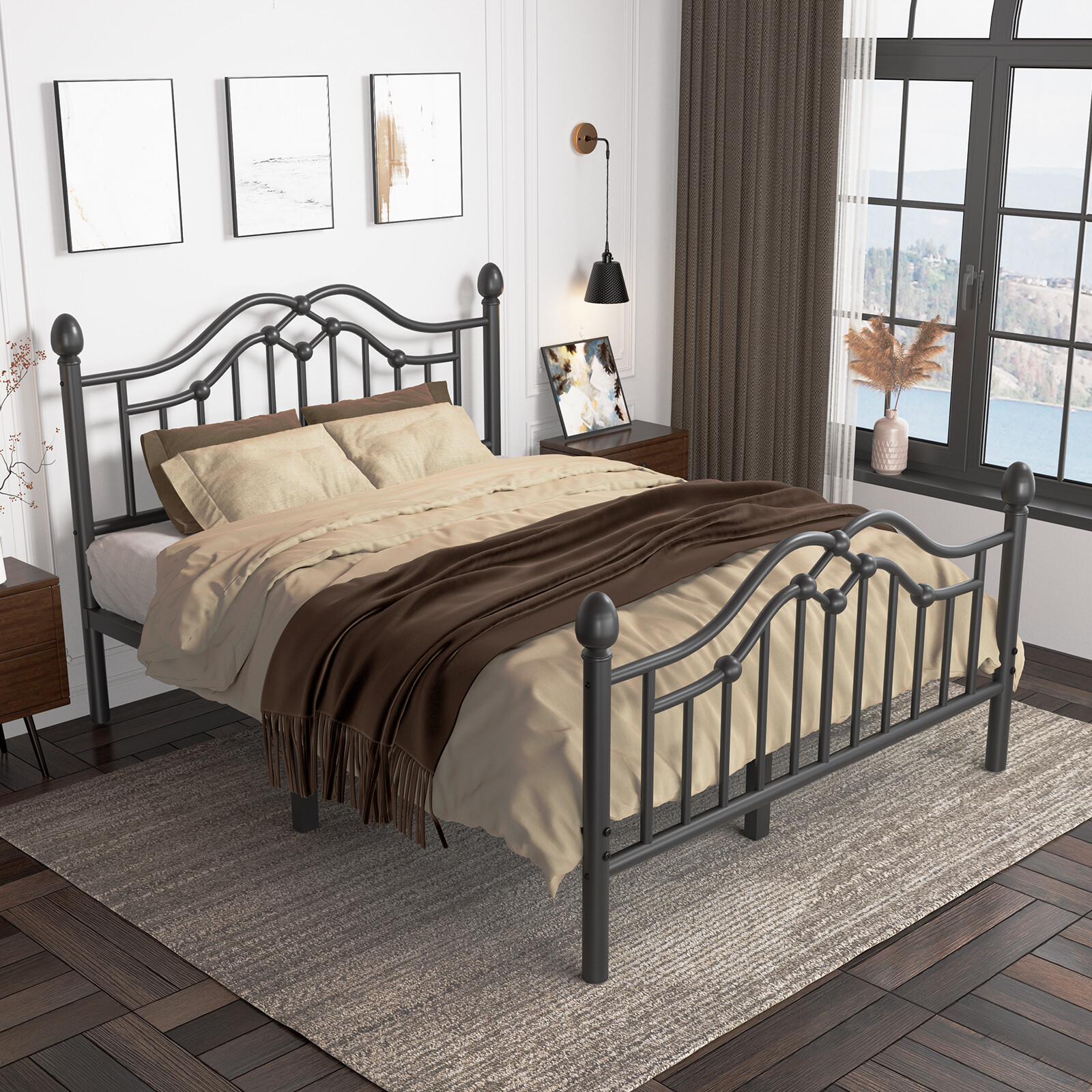 Metal Twin/Full/Queen Size Bed Frame with Headboard and Footboard,Black/White gallery