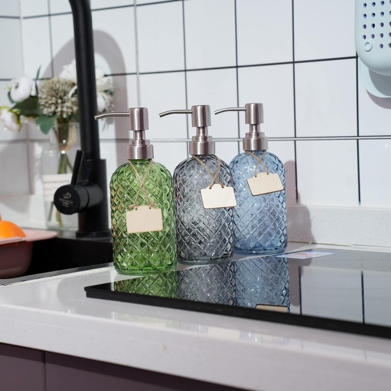 Glass Soap Dispenser for Bathroom & Kitchen - 304 Stainless Steel Pump, Blue gallery