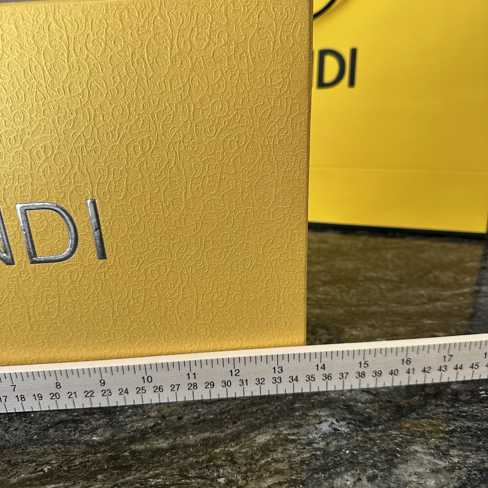 Authentic Fendi Yellow Textured Scarf Box with Silver Lettering, Empty box, Used gallery