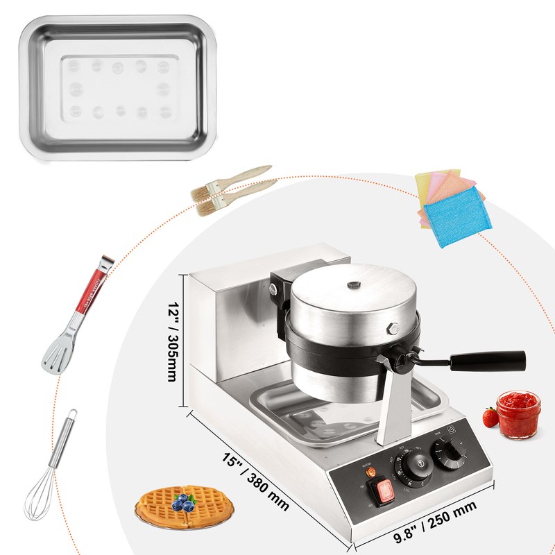 Commerical Round Waffle Maker 1300W Rotatable Non-Stick Waffle Iron 120V gallery