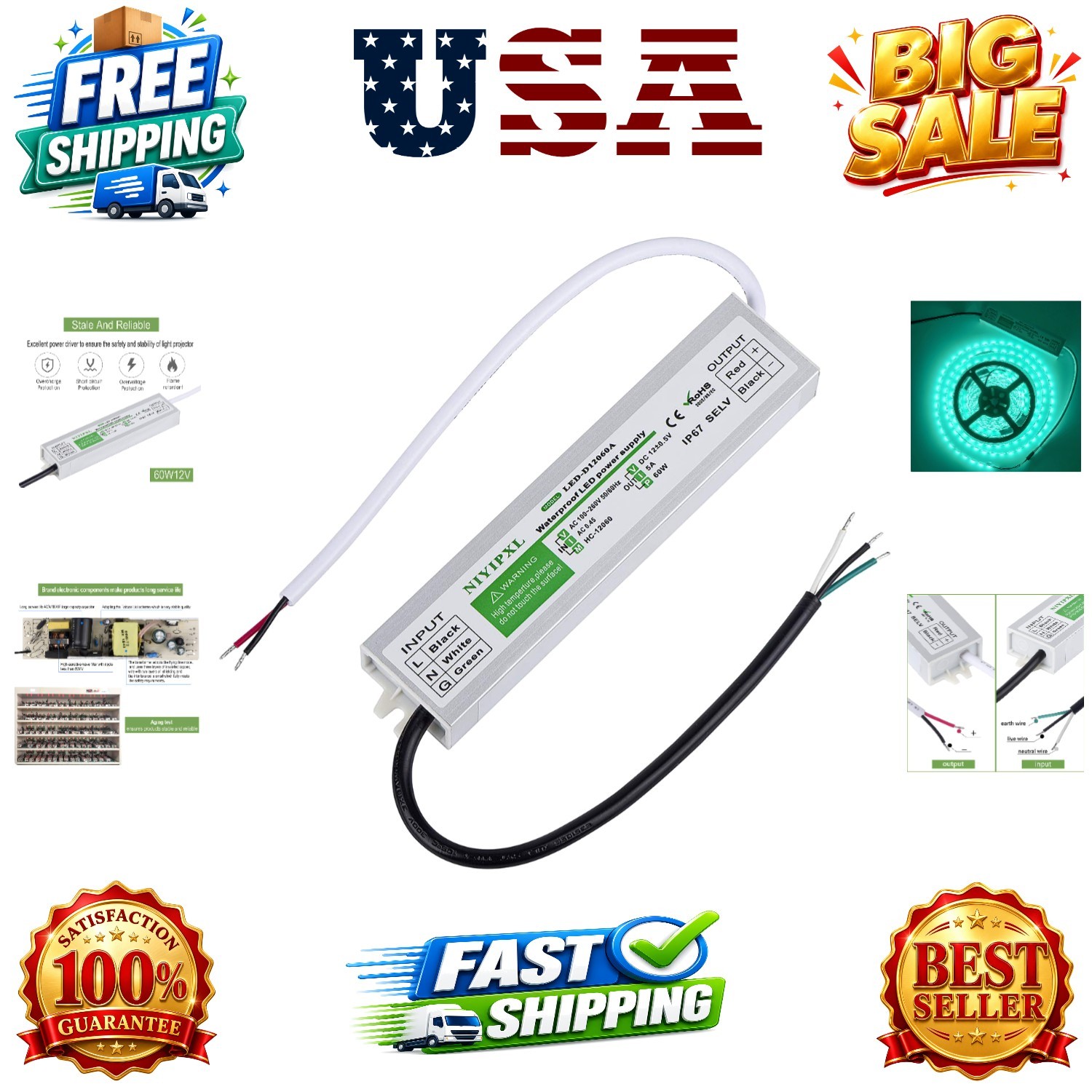 LED Driver 60 Watts Waterproof Power Supply Transformer Adapter 100V-260V AC... gallery