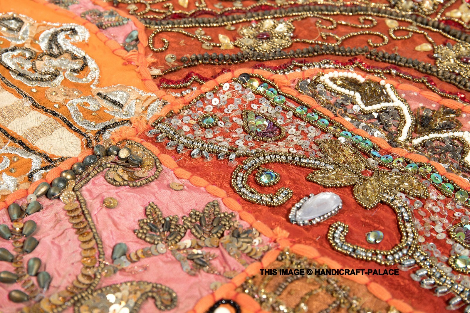 60" ORANGE HANDCRAFTED VINTAGE DÉCOR BEAD ZARI KUNDAN SARI TAPESTRY WALL HANGING gallery