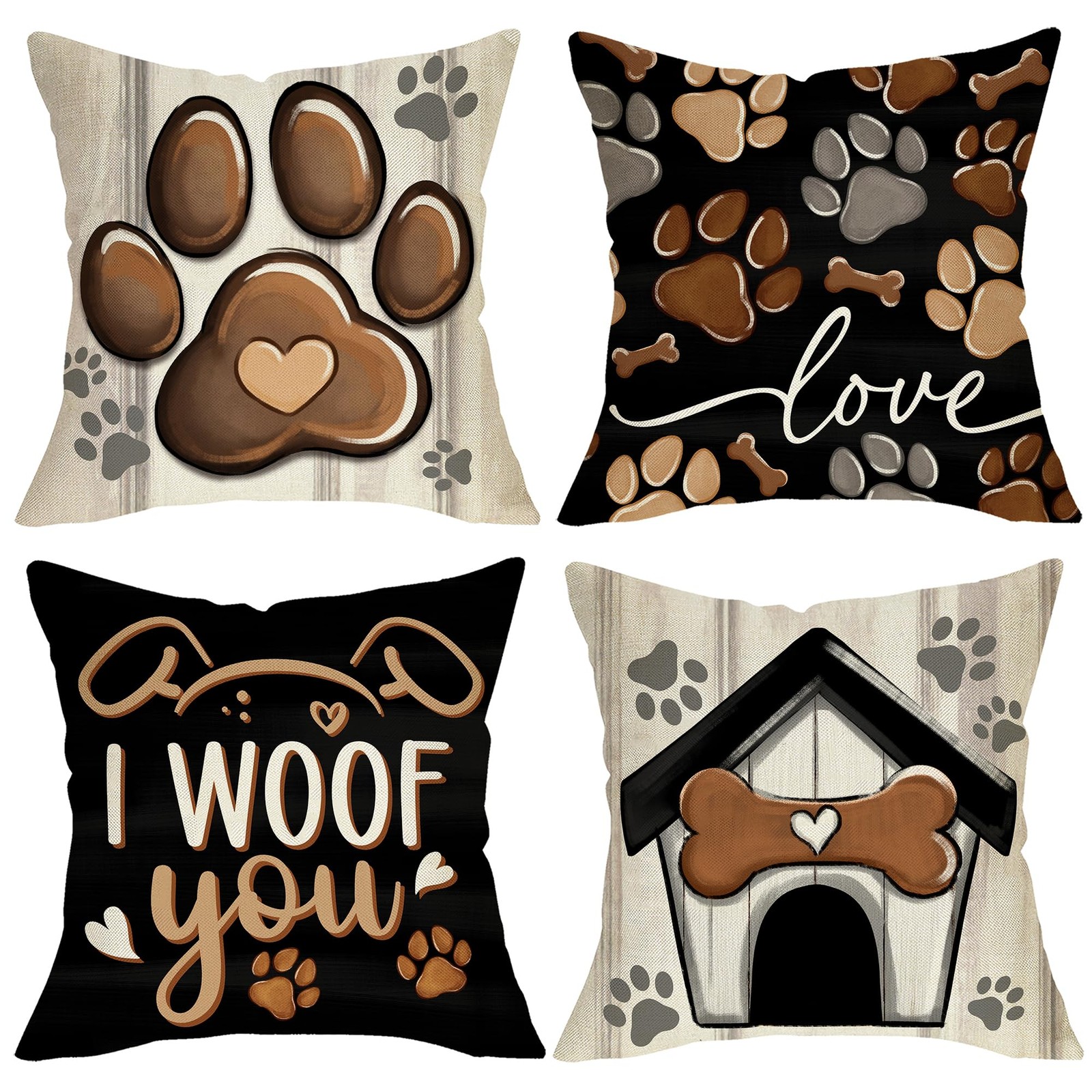 Dog Paw Print Home Decorative Throw Pillow Covers 18 x 18 Set of 4, Black Dog... gallery