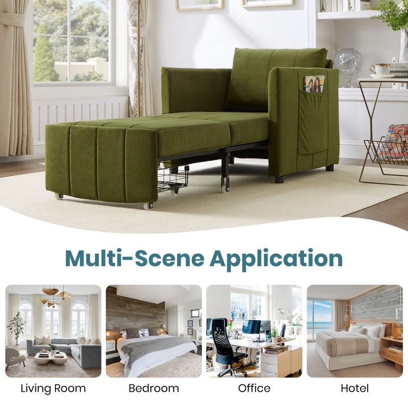 Convertible sofa bed W 5 position adjustable backrest and side storage pockets gallery