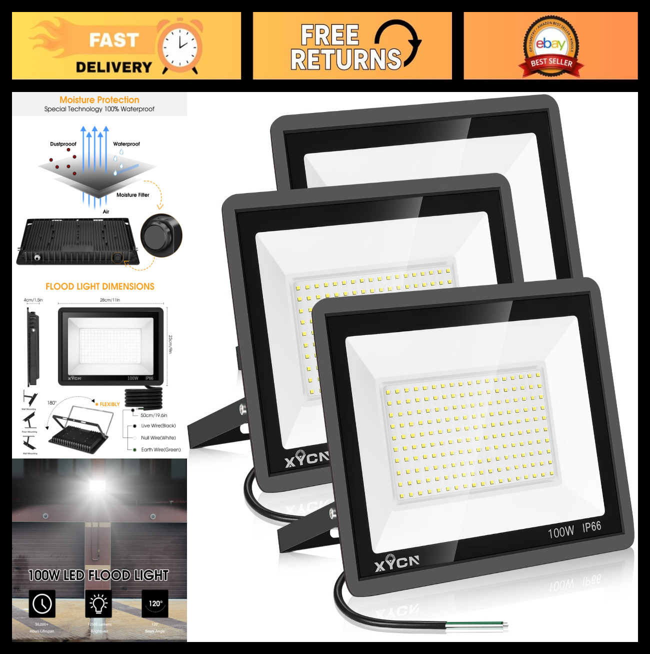 3 Pack 100W LED Flood Lights - IP66 Waterproof, 11500LM Super Bright Outdoor Sec gallery