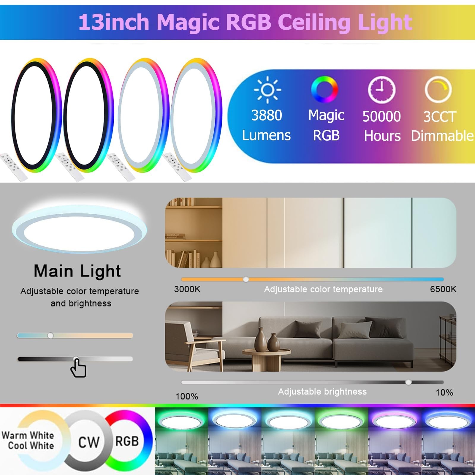2Pack 13Inch Magic RGB Flush Mount Led Ceiling Light,34W 3400LM Dimmable with... gallery