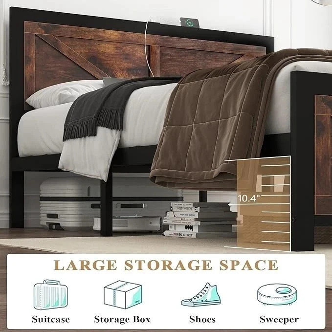 LED Bed Frame King Size with Charging Station Rustic Brown Wood Platform Bed NEW gallery