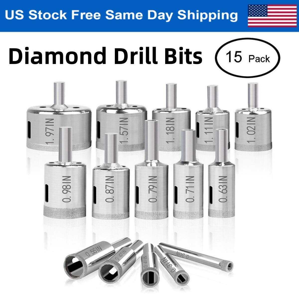 15Pcs Diamond Drill Bits Hole Saw Tools for Glass Ceramics Porcelain (6mm-50mm) gallery