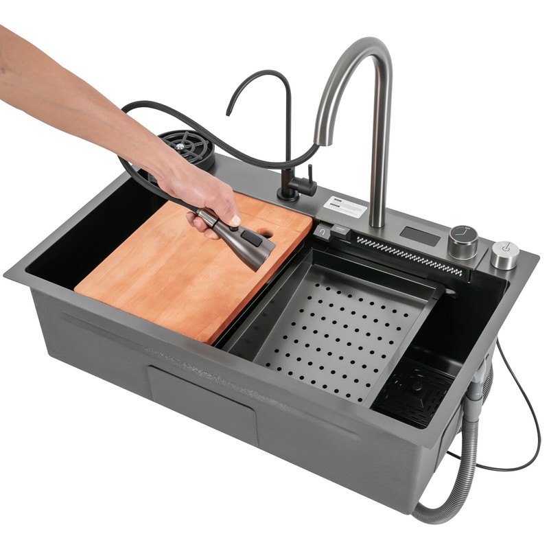 Kitchen Sink Double Basin Stainless Steel Sink Bowl W/ Pull-out Faucet gallery