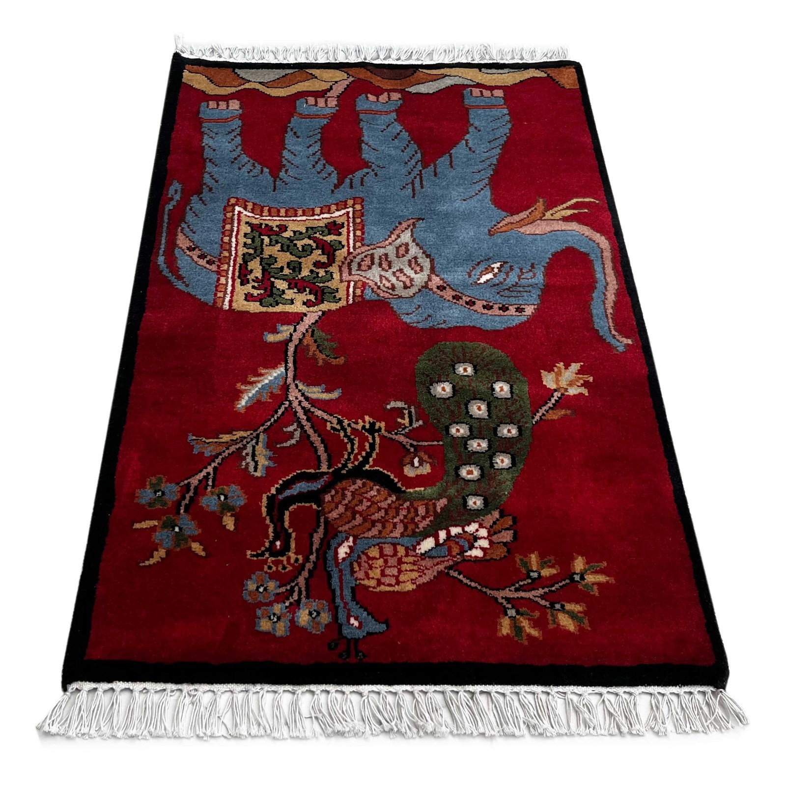 2x3 ft Hand Knotted Woolen Rug Pictorial Elephant Peacock (Red) gallery