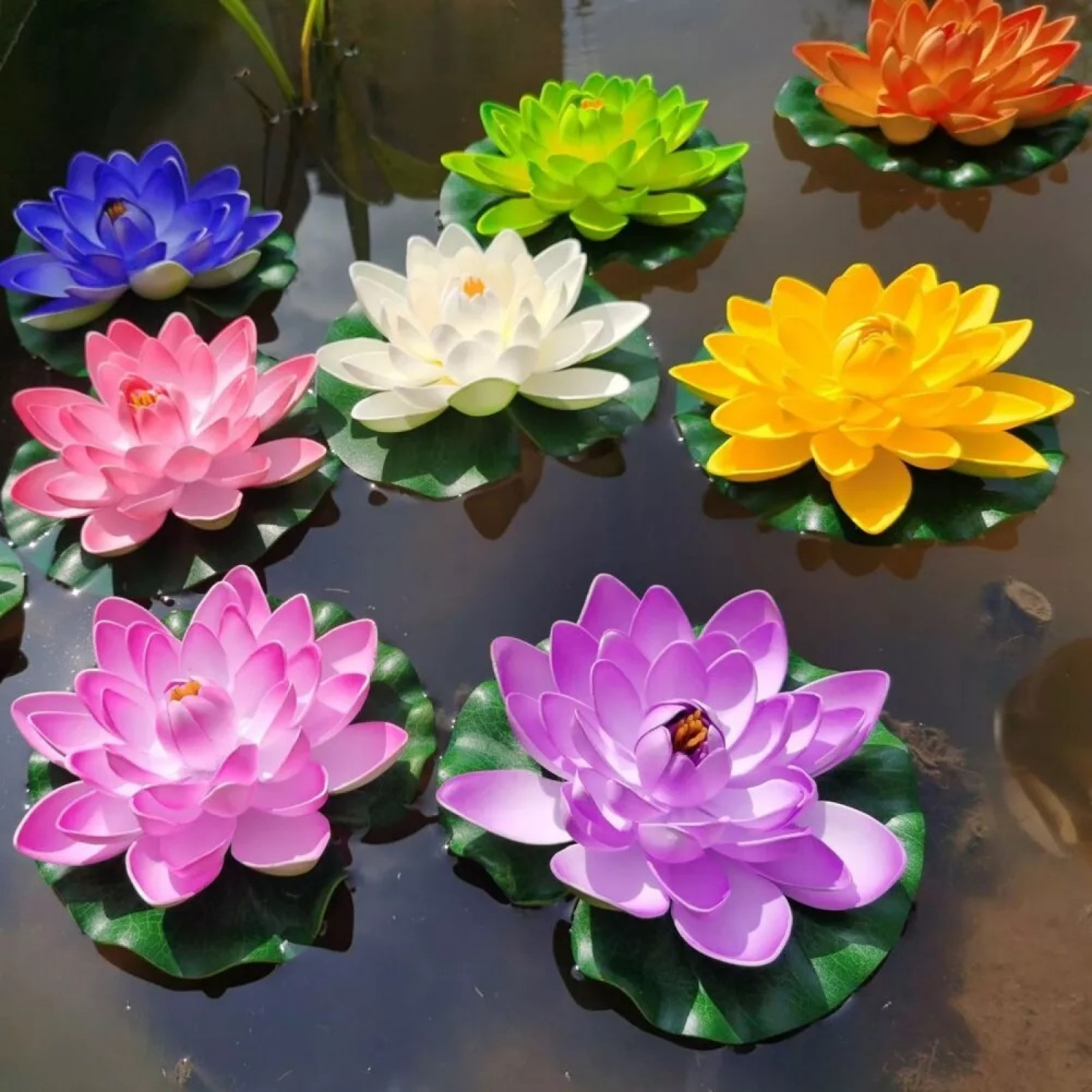 12Pcs 4inch Floating Foam Lotus Flowers Artificial Pond Plants with Lily Pads US gallery