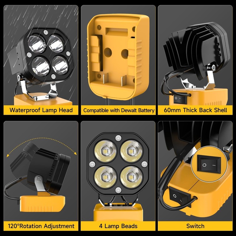 40W 6000LM LED Work Light Compatible with Dewalt 20V Battery gallery