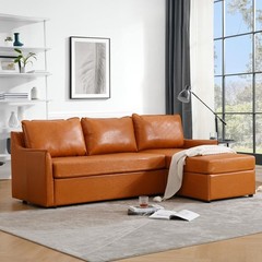 80.7″ Convertible L-Shaped Sectional Sofa Faux Leather Storage Brown 3-Seater