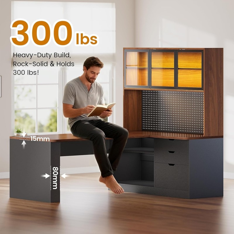 L Shaped Office Desk, Corner Computer Desk with 3 Drawers, Bookshelf & LED Light gallery