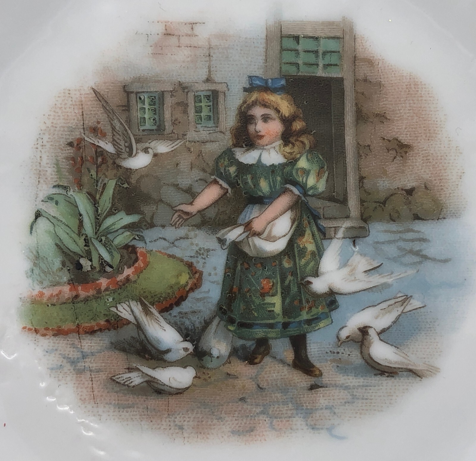 Antique Germany Porcelain Child's Doll Plate Girl Feeding Birds x3 gallery
