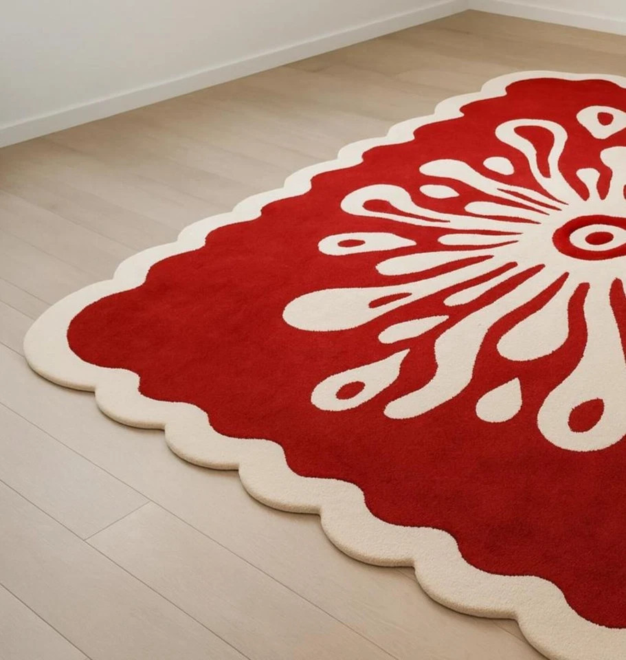 Hand-Tufted Wool Rug | Red & White Floral, Scalloped Edge gallery