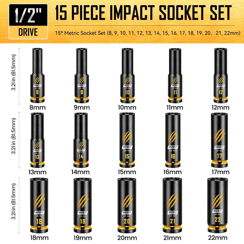 15-Piece 1/2" Drive Deep Impact Socket Set, Metric Sockets (8-22mm), CR-MO Steel gallery