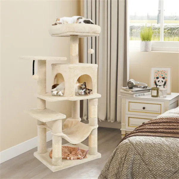 44in Cat Tree Tower Beige Multi Level w/ Top Perch 2 Door Condo Hammock for Indo gallery