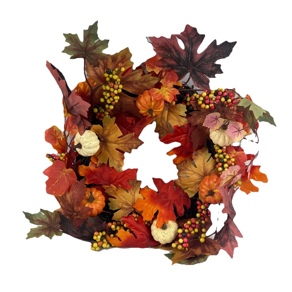 18” Artificial Autumn Maple Leaf & Berry Wreath – Fall Harvest Door Décor New