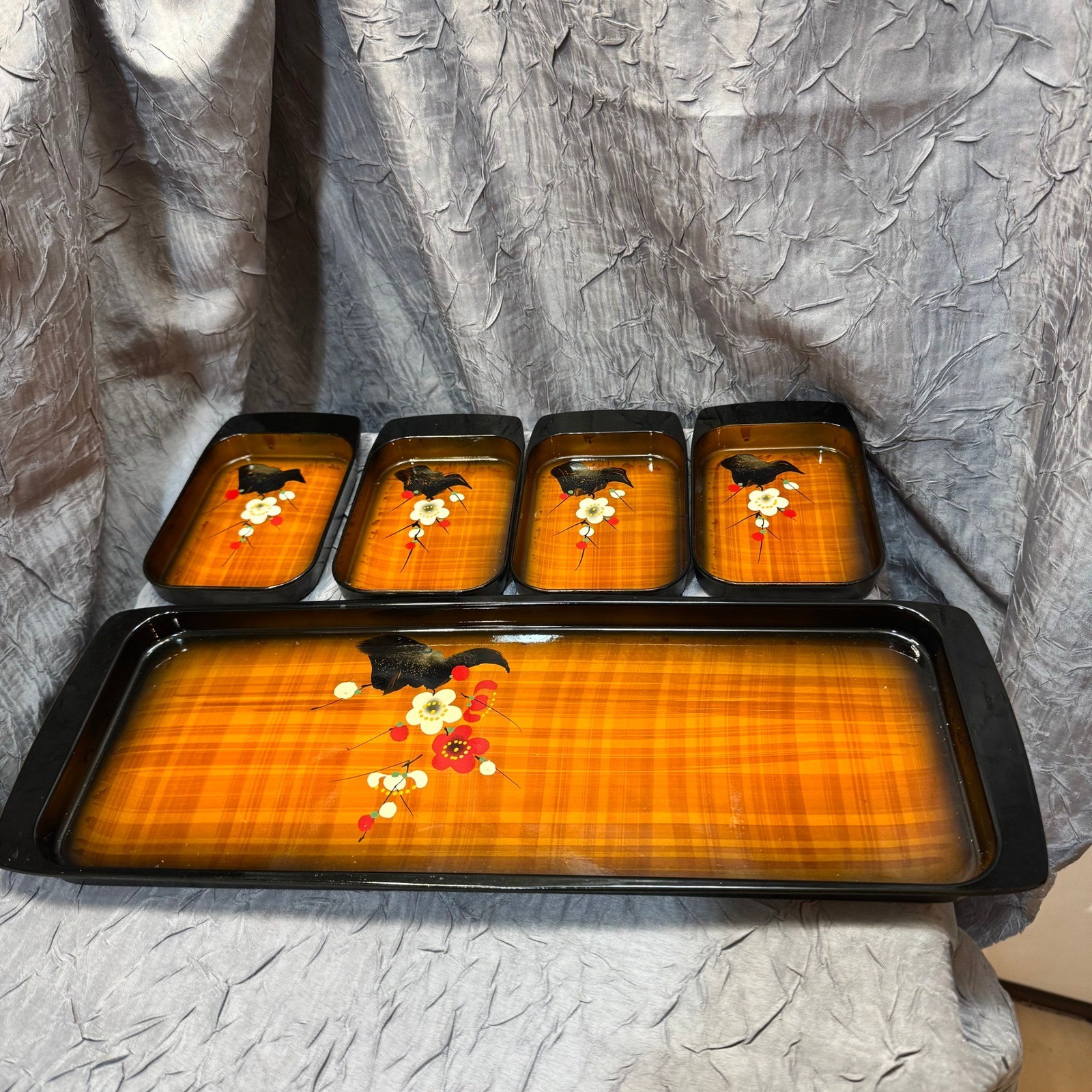 Arte Charao Nihon Shikko Lacquerware Tray Set 5pc Orange Plaid Floral Bird Japan gallery