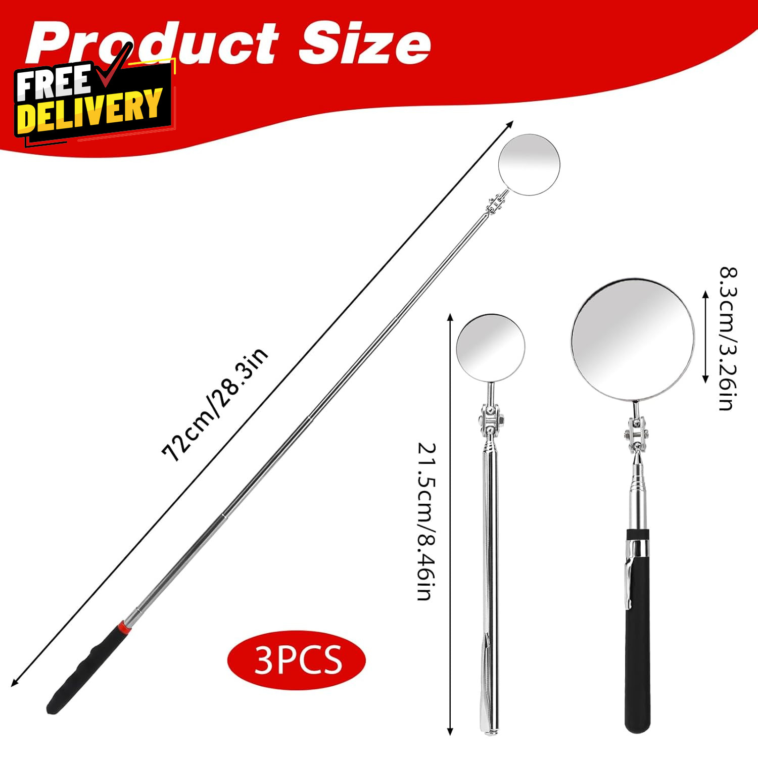 3 Pack Stainless Steel Mechanic Mirror Telescoping Inspection Mirror Extendable gallery
