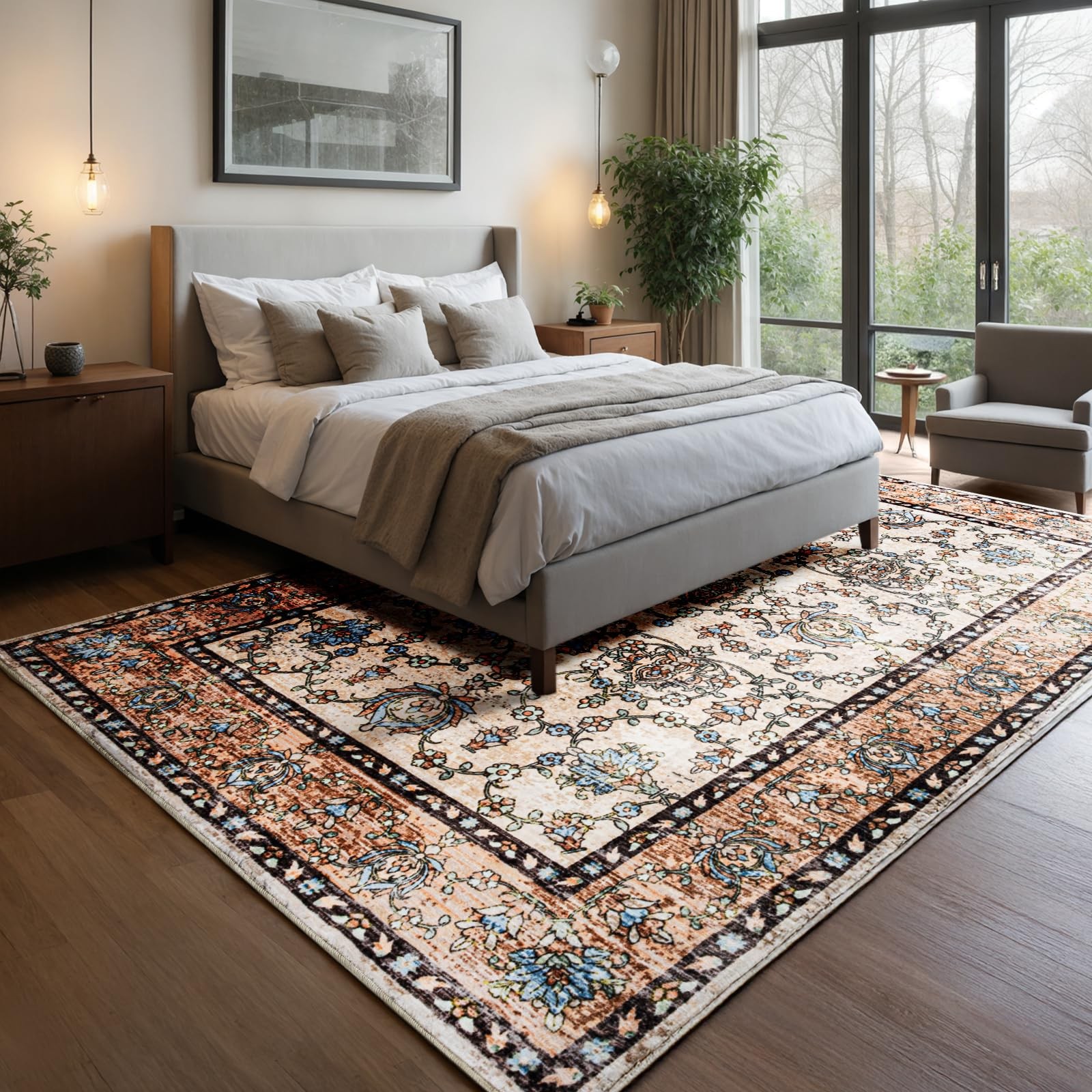 Cryptolite 4X6 Washable Area Rug Ivory And Beige Vintage Carpet Charcoal Border gallery