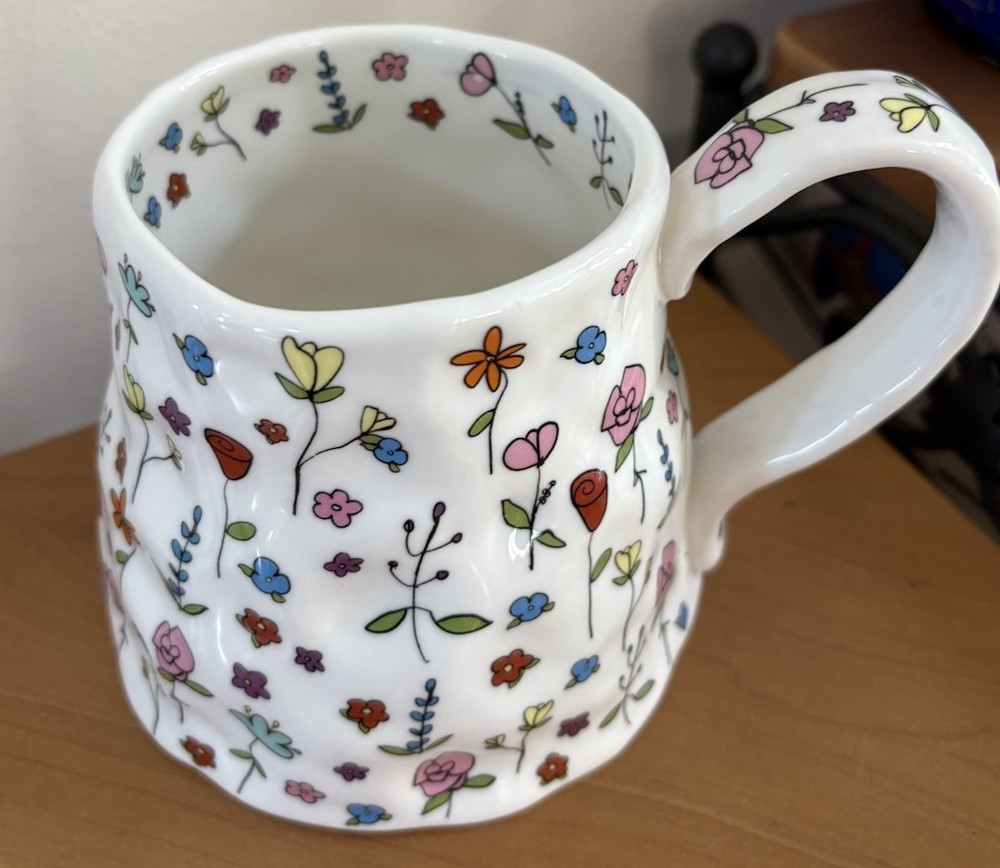 20oz Ceramic Floral Irregular Shape Oversized Coffee Mug - Handmade BigHandle