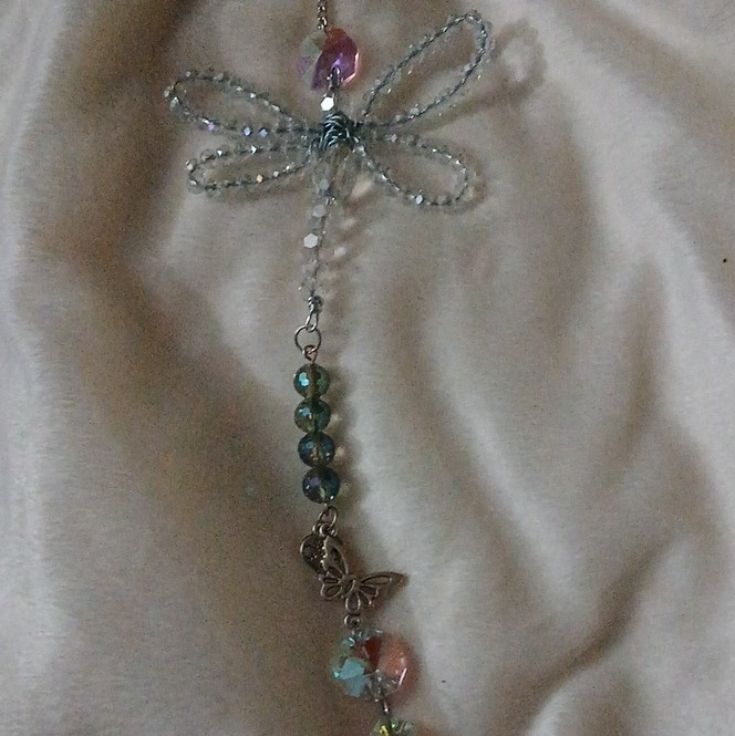 Beaded Wire Dragonfly Suncatcher Mobile Hanging Ornament Silver Green Purple