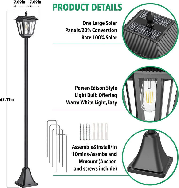 68" Solar Lamp Post Light Outdoor - 3000K Warm White, IP45 Waterproof Post Solar gallery