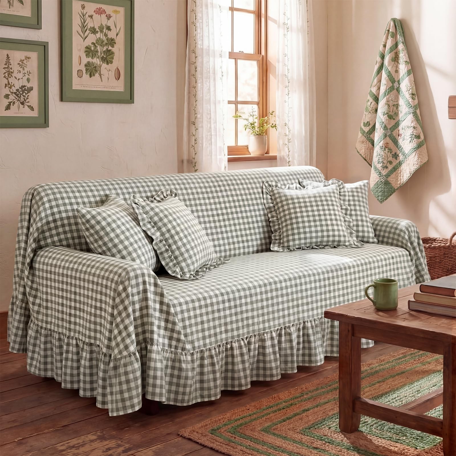 Gingham Couch Covers with Ruffle Cottage Core Couch Cover Washable Sofa Slipc... gallery