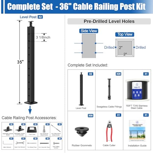 5-10ft Complete Set Cable Railing Post Kit, 2Pack 36" 5-10FT Level Post Kit gallery