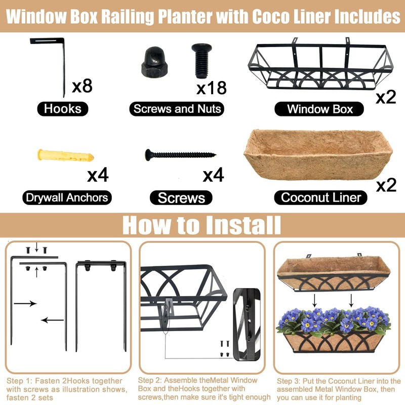 24" Flat Railing Planter Box 2 Pack Metal Planters for Deck, Balcony, Patio gallery
