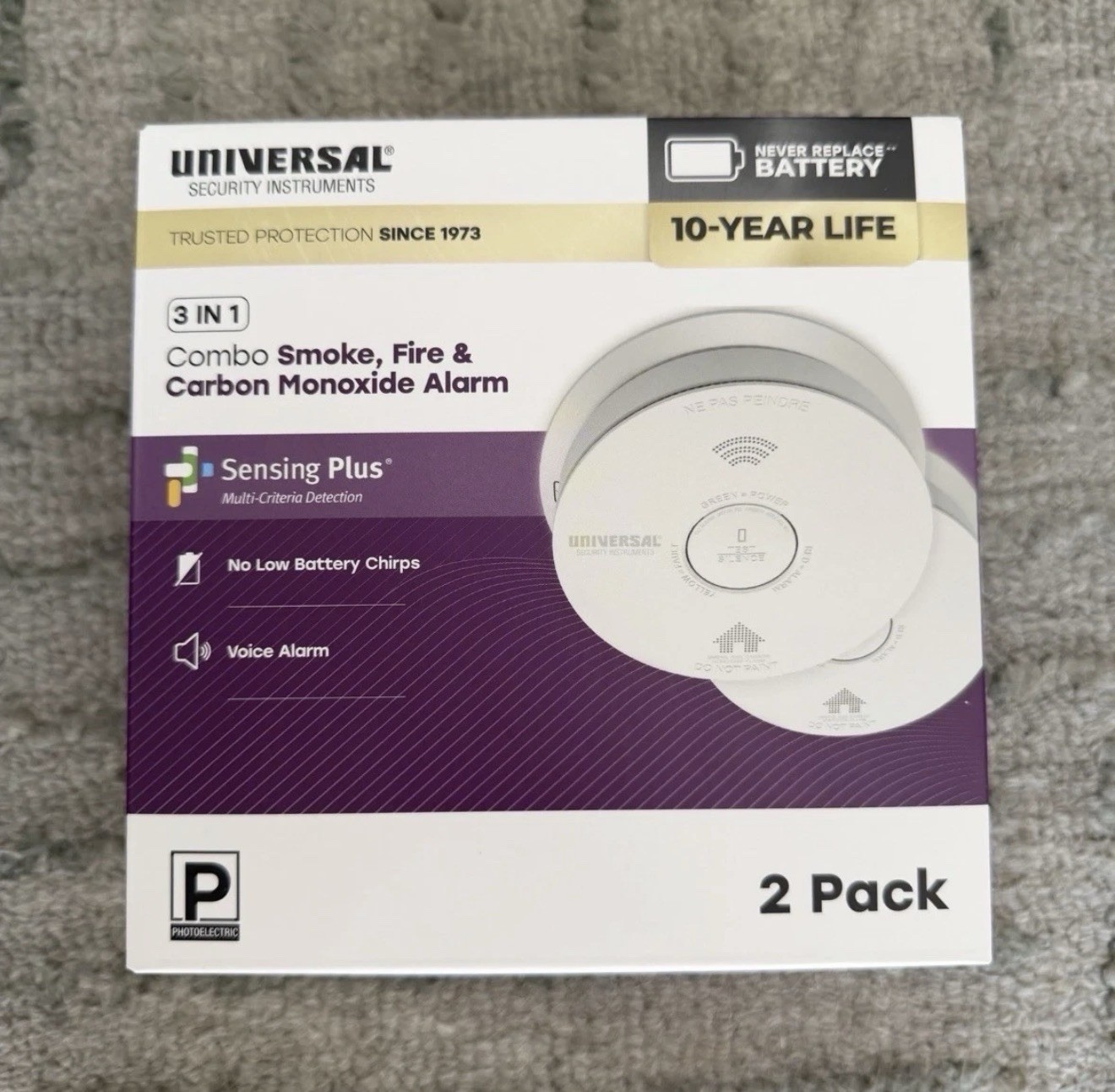 *2 Pack* USI 10-Year 3-in-1 Smoke Fire & Carbon Monoxide Detector w/Voice Alarm gallery