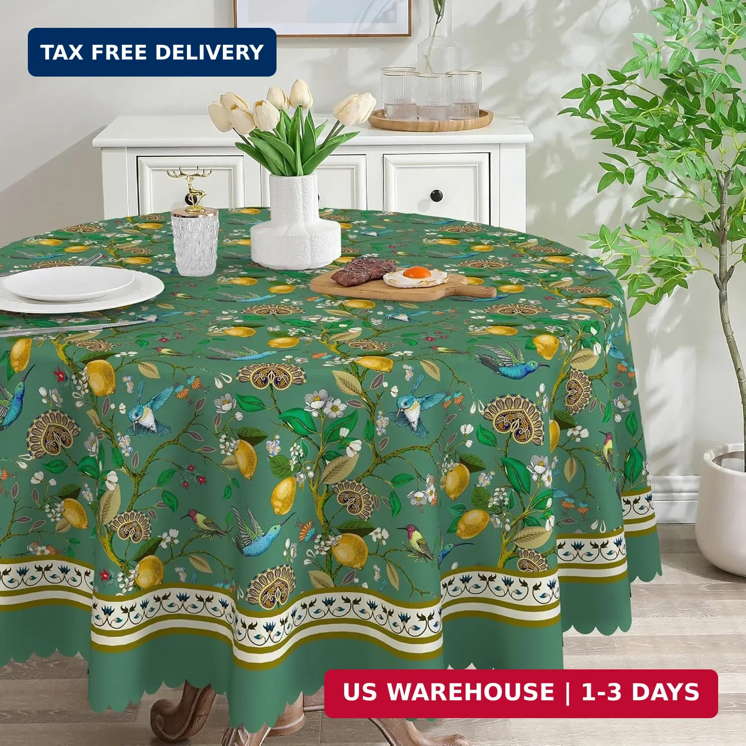 Spring Round Tablecloth 70 inches - Floral Lemon Branch Green Spring Decorations gallery