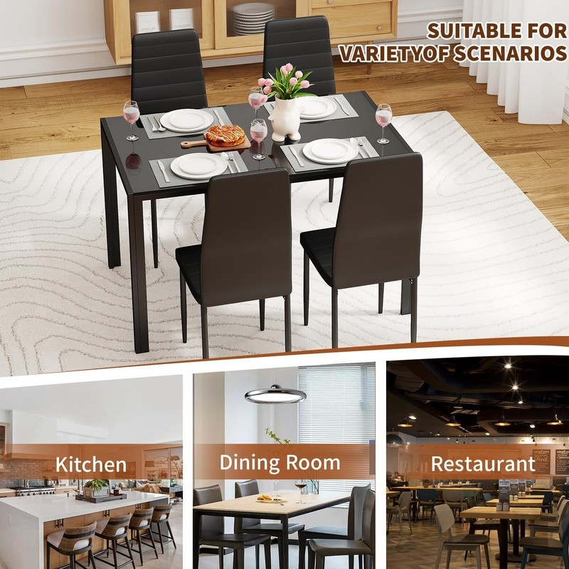 Dining Table Set for 4 | 5-Piece Glass Black Dining Table | Kitchen Table wit... gallery