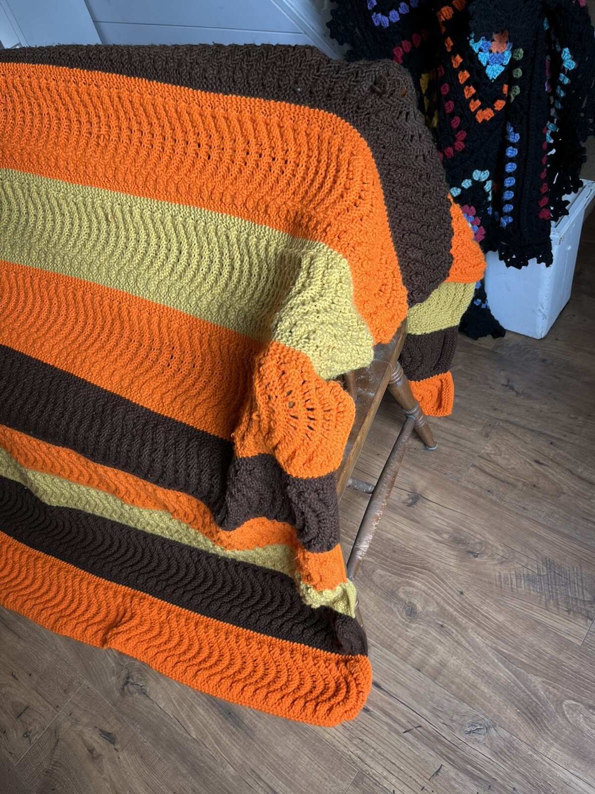 Vtg Crocheted Afghan Throw Blanket Fall Halloween Orange Yellow Brown 78x82 gallery