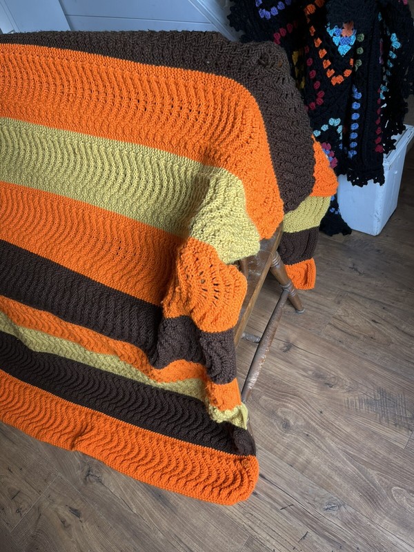 Vtg Crocheted Afghan Throw Blanket Fall Halloween Orange Yellow Brown 78x82 gallery