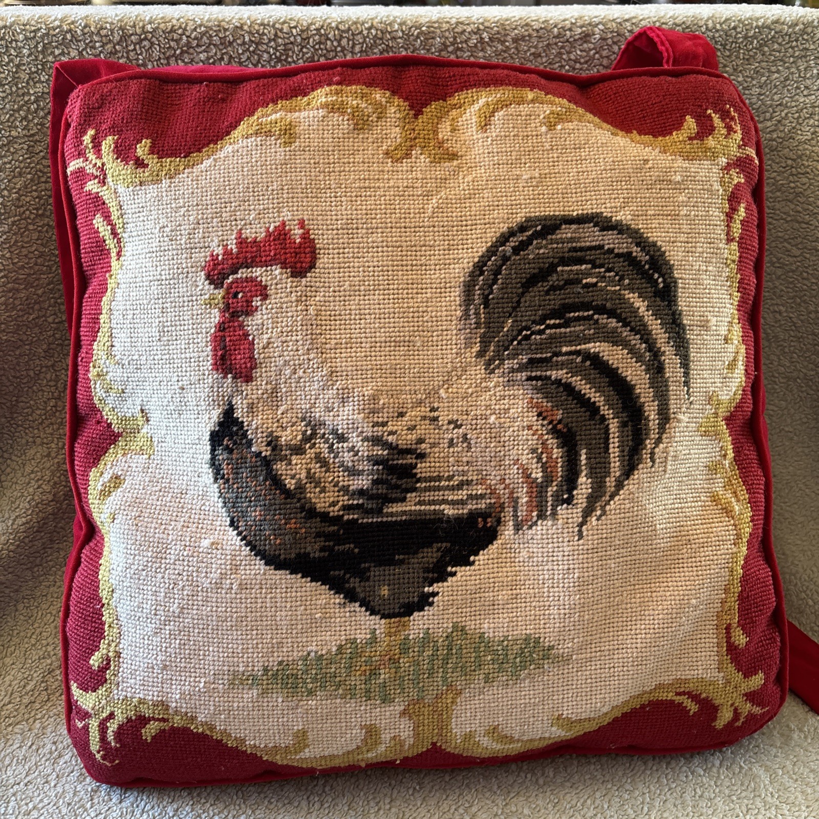 Needlepoint Chair Cushion Handmade ROOSTER Seat Pad 16” X 16” With Ties LOC MM gallery