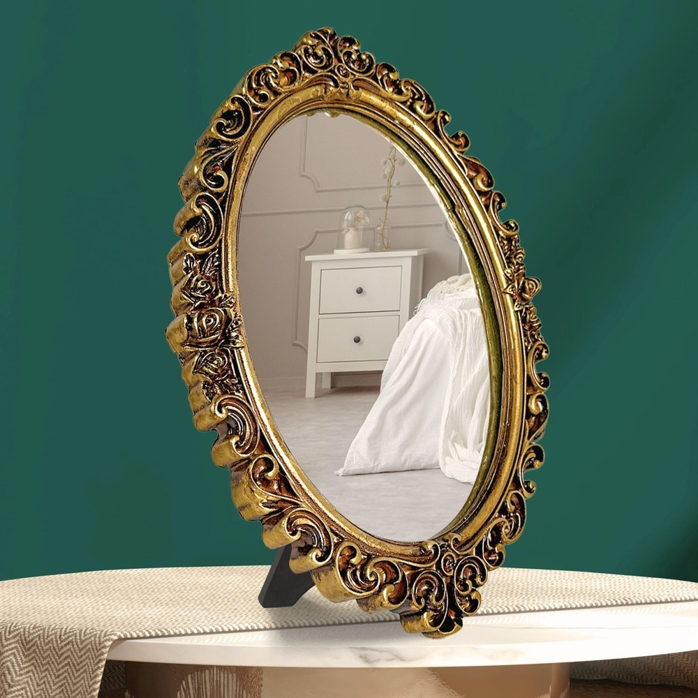 Small Oval Mirror for Table - Gold Vintage Mirror for Tabletop and Wall Mount...