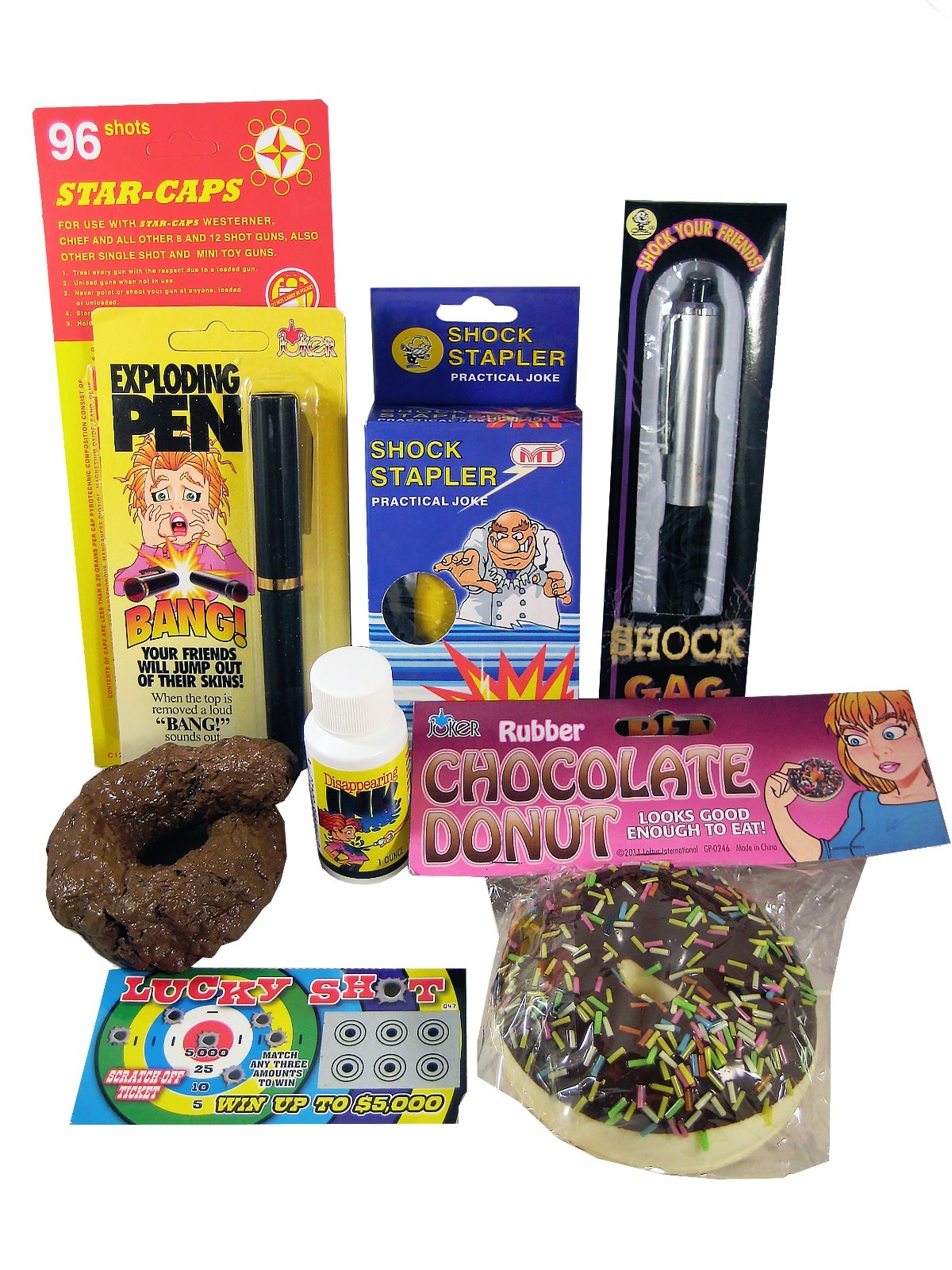 Office Prank Kit - Shock Pen Stapler Fake Poop Lotto Ticket Prank Joke Gag gallery